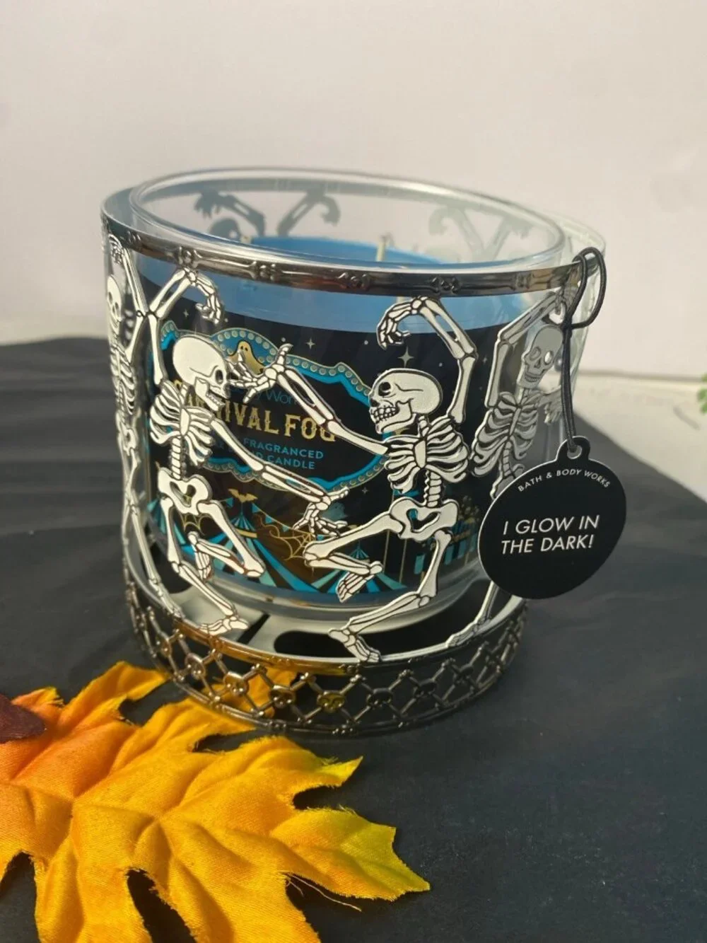 Halloween Skeleton Glow In The Dark 3 Wick Candle Holder New In Box